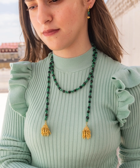 Elegant Accessory Set Consisting of Earring, Necklace , and two Bracelets Handcrafted from Green and Black Stones