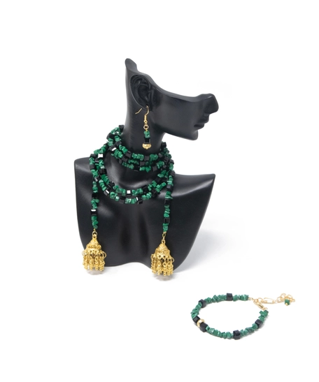 Elegant Accessory Set Consisting of Earring, Necklace , and two Bracelets Handcrafted from Green and Black Stones