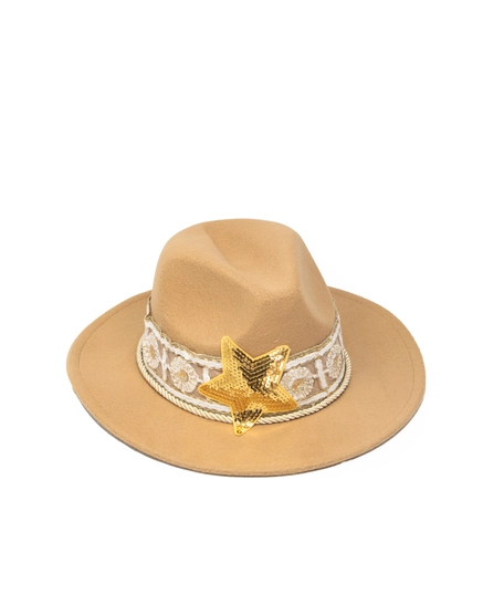 Ladies' Fedora Hat beige Designed with Gold and White Lace Details and a Sequin Star