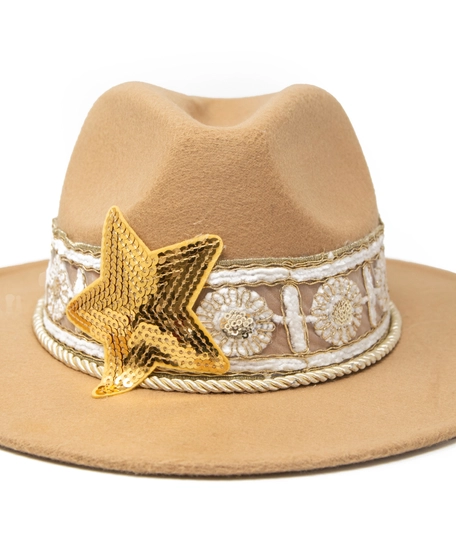 Ladies' Fedora Hat beige Designed with Gold and White Lace Details and a Sequin Star