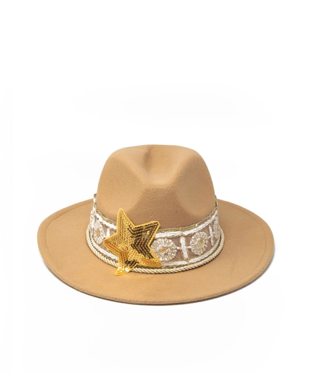 Ladies' Fedora Hat beige Designed with Gold and White Lace Details and a Sequin Star