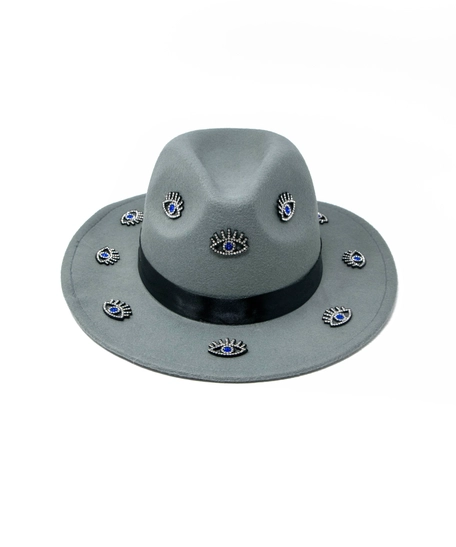 Women's gray fedora hat designed with a black satin ribbon and small eye patches