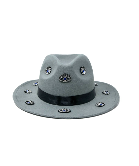 Women's gray fedora hat designed with a black satin ribbon and small eye patches