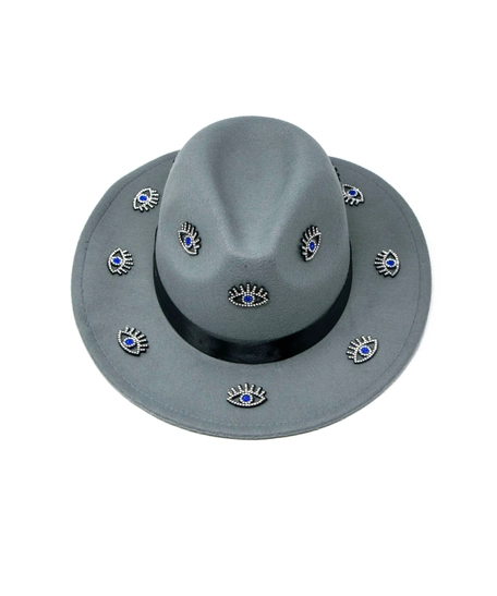 Women's gray fedora hat designed with a black satin ribbon and small eye patches