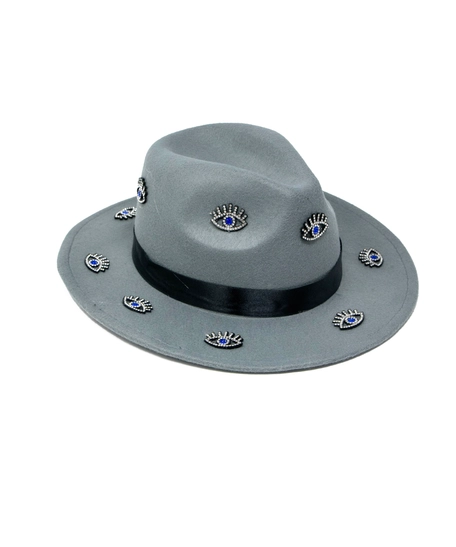 Women's gray fedora hat designed with a black satin ribbon and small eye patches