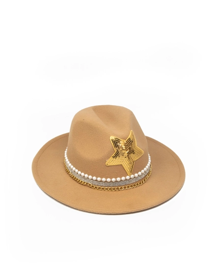 Women's fedora hat beige decorated with white pearl and a sequin star