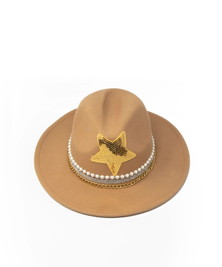 Women's fedora hat beige decorated with white pearl and a sequin star