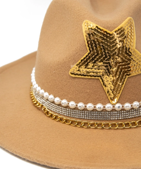 Women's fedora hat beige decorated with white pearl and a sequin star