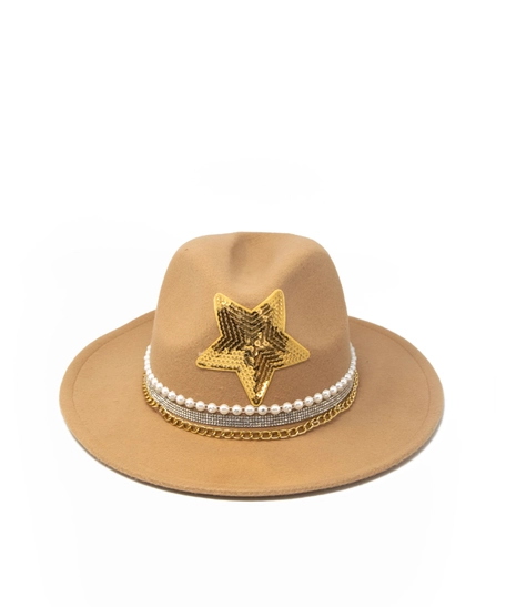 Women's fedora hat beige decorated with white pearl and a sequin star