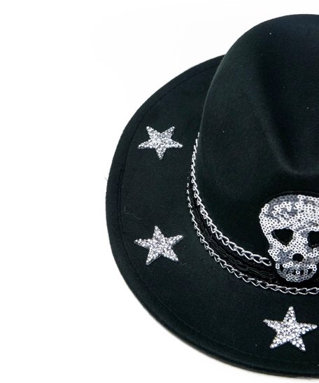 Skull black fedora hat designed with silver chain and stars 