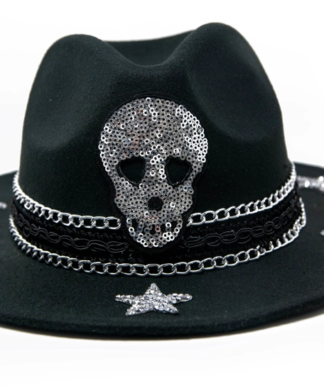 Skull black fedora hat designed with silver chain and stars 