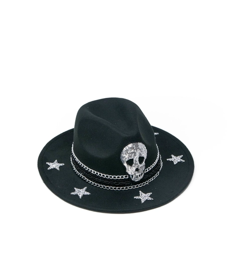 Skull black fedora hat designed with silver chain and stars 