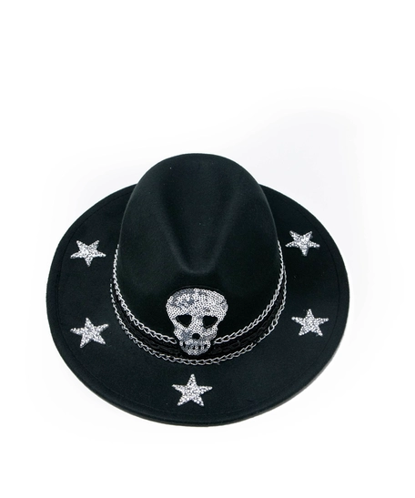 Skull black fedora hat designed with silver chain and stars 