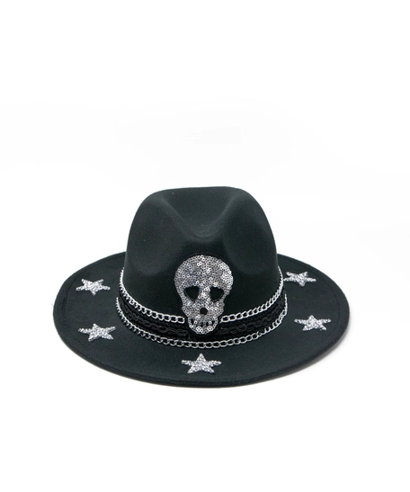 Skull black fedora hat designed with silver chain and stars 