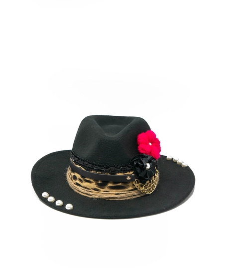 Women's fedora hat black designed with a handmade wool and satin flower 