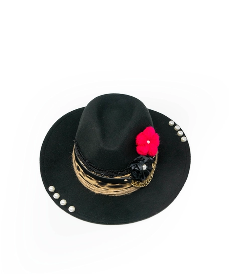 Women's fedora hat black designed with a handmade wool and satin flower 