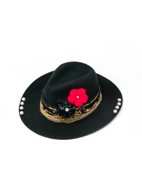 Women's fedora hat black designed with a handmade wool and satin flower 