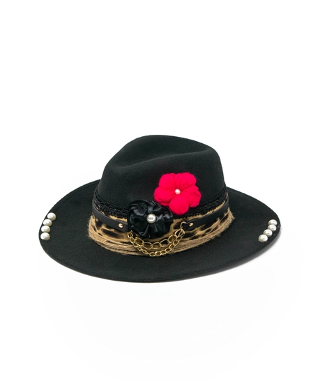 Women's fedora hat black designed with a handmade wool and satin flower 