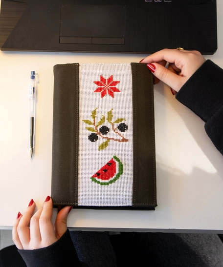 Notebook with embroidered olive branch, watermelon and red rose!