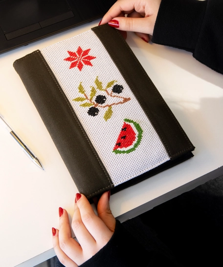 Notebook with embroidered olive branch, watermelon and red rose!