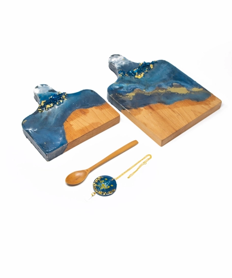 Set of Wooden Cheese Plater with a Wooden Spoon and a coffeepot chain.