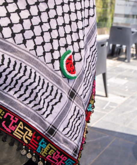 Embroidered Palestinian Kufiya with the names of Palestinian cities