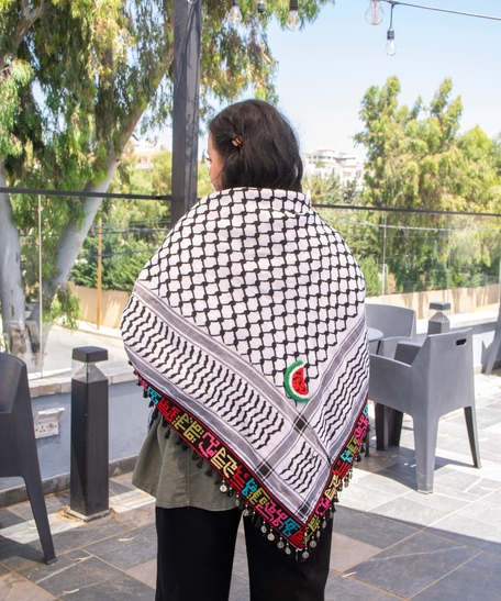 Embroidered Palestinian Kufiya with the names of Palestinian cities