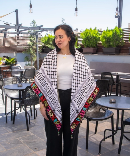 Embroidered Palestinian Kufiya with the names of Palestinian cities