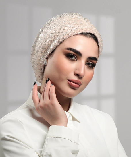 Women's Turban Knitted With Sequin Beads - Sequin turban beige