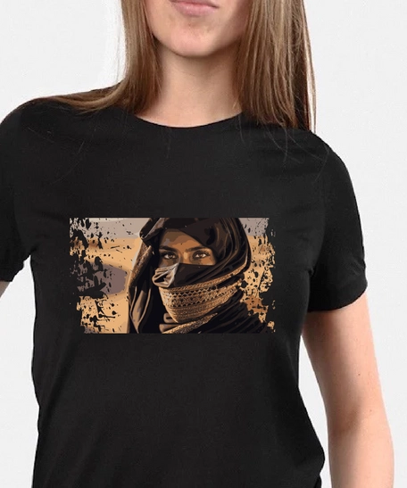 Black T-Shirt with Artistic Illustration of Enigmatic Woman - T.Shirt Black L