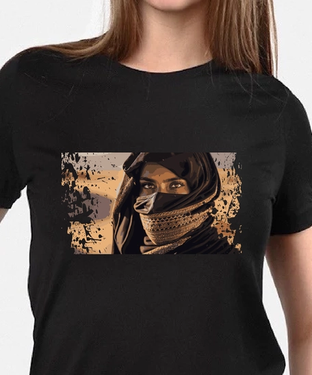 Black T-Shirt with Artistic Illustration of Enigmatic Woman - T.Shirt Black L