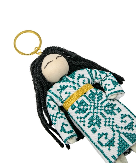 Personalized Keychain with Girl Design In Green and Beige Embroidered Dress