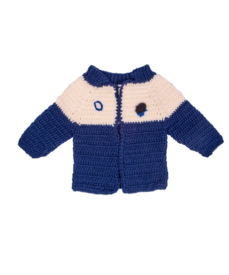 Exquisite Handcrafted Blue and Beige Knitted Wool Jacket