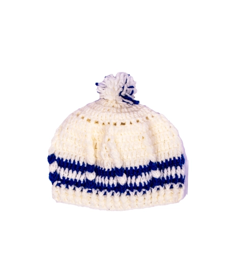 طاقية اطفال كروشيه بالالوان البيج و البيج و الازرق و الزهري و البيج - Wool hat White and navy blue