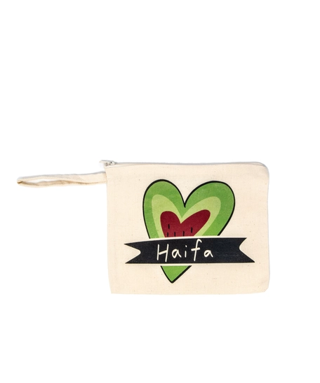 Hand-painted makeup bag featuring the word Haifa, celebrating the beauty and heritage of Palestine.