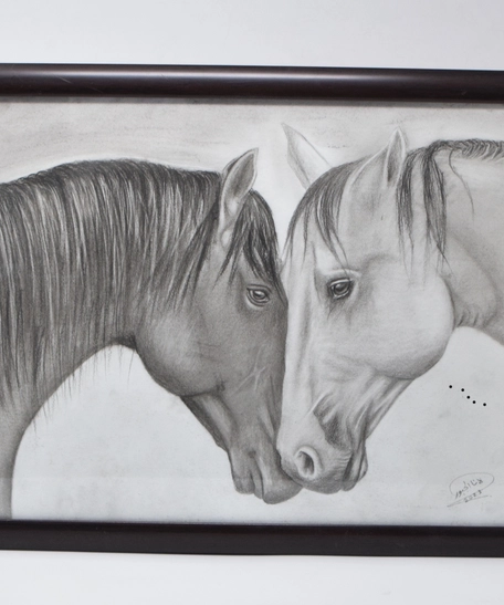 Hand-Drawn Pencil Artwork, Two Horses Design with Elegant Wooden Frame