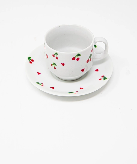 Turkish Coffee Cup & Saucer – Artistic Red Cherry & Hearts Design