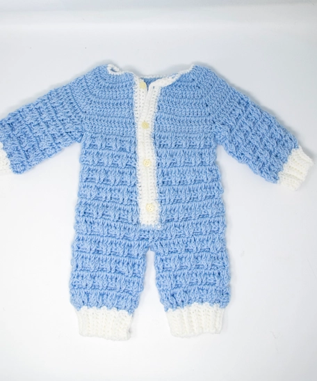 Handmade Crochet Baby Outfit - Blue & White Winter Romper Set