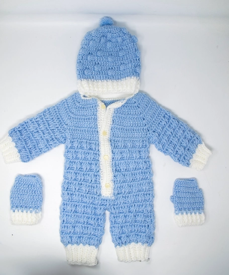 Handmade Crochet Baby Outfit - Blue & White Winter Romper Set