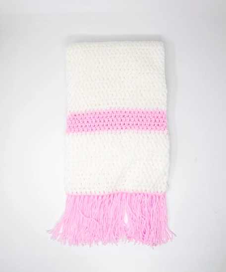 Large Handmade Crochet Scarf - White & Pink Chunky Knit Wrap