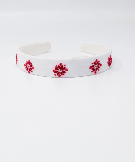 White Hand-Embroidered Headband with Traditional Embroidery in Red Shades