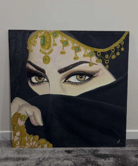 Mesmerizing Arab Woman's Eyes Painting - Hand-Painted Art - أسود - مربع