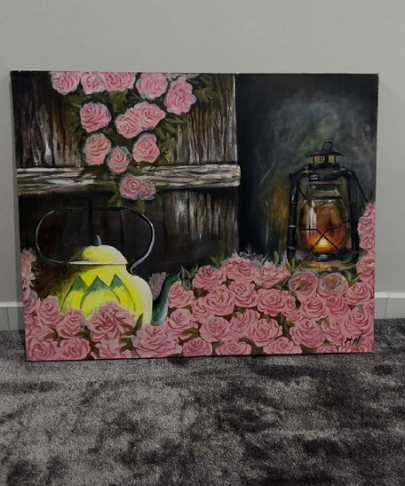 Hand-Painted Roses & Teapot Canvas Art - أخضر - XL - مستطيل