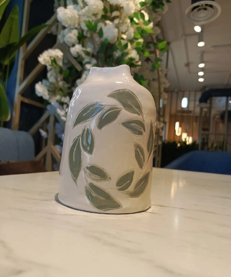 Handmade Ceramic Vase with Green Leaf Design
