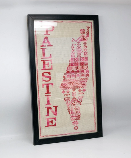 Handmade Embroidered Map of Palestine – Pink Shades on Beige Background in Premium Frame