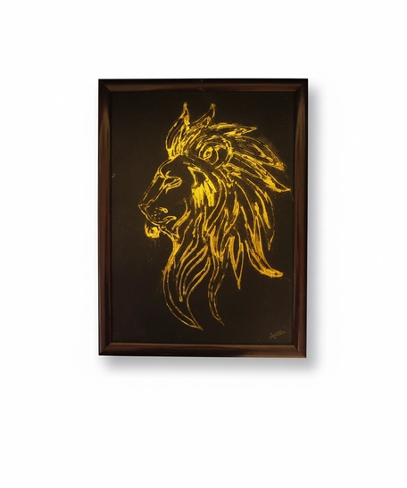 Majestic 3D Golden Lion Head Art on Black Canvas with Wooden Frame