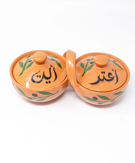 Double Olive Oil and Za’atar Dish – Artistic Design with Olive Branches and Black Olives