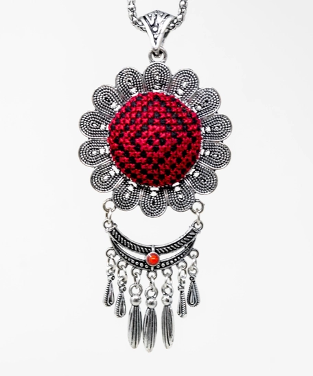 Embroidered Floral Necklace: Red and Black