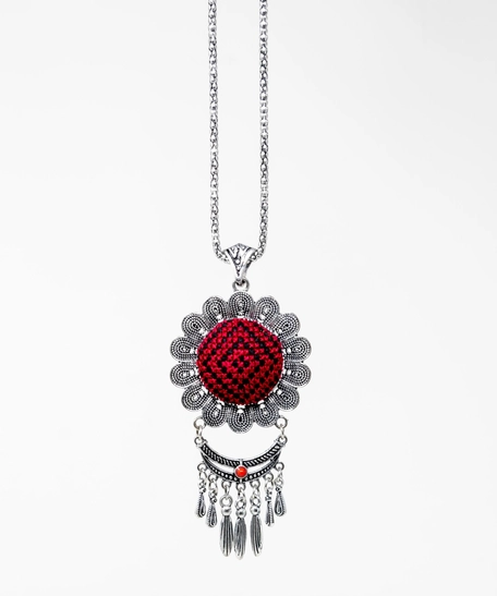 Embroidered Floral Necklace: Red and Black