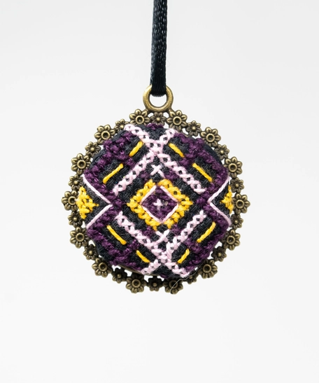  Embroidered Circular Necklace: Purple and Yellow